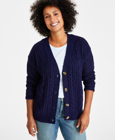 Style & Co Women's Cable-knit V-neck Cardigan, Created For Macy's In Navy