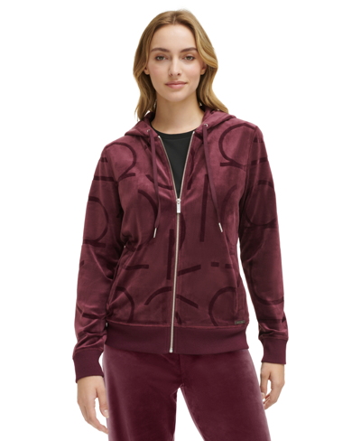 Calvin Klein Women's Velour Zip Front Hoodie With Faux Leather Pocket In Port
