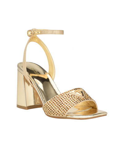 Guess Women's Gelya Block Heel Ankle Strap Open Toe Dress Sandals In Gold Satin