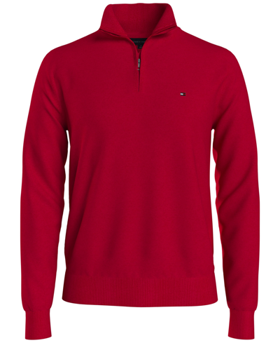 Tommy Hilfiger Men's Essential Embroidered Logo 1/4-zip Mock Neck Sweater In Primary Red