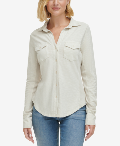 Calvin Klein Jeans Est.1978 Women's Long Sleeve Side Panel Button Down Shirt In Chalk