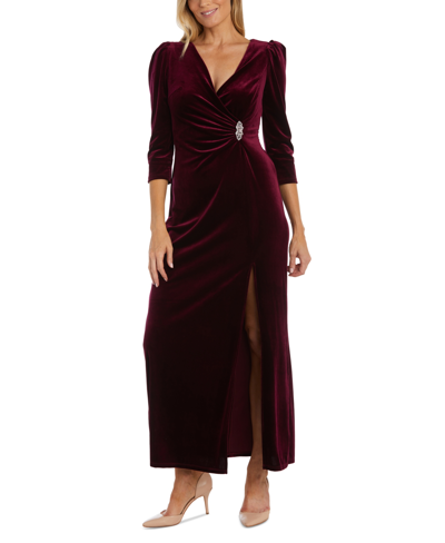 R & M Richards Women's Velvet Embellished Ruched Gown In Wine