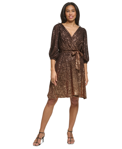 Dkny Plus Size Ombre Sequined Faux-wrap Dress In Copper Multi