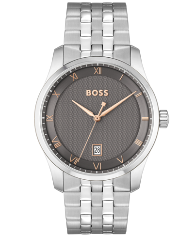 HUGO BOSS MEN PRINCIPLE QUARTZ BASIC CALENDAR SILVER-TONE STAINLESS STEEL WATCH 41MM