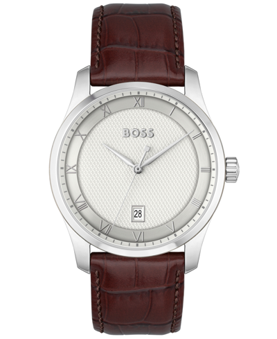 HUGO BOSS MEN PRINCIPLE QUARTZ BASIC CALENDAR BROWN LEATHER WATCH 41MM