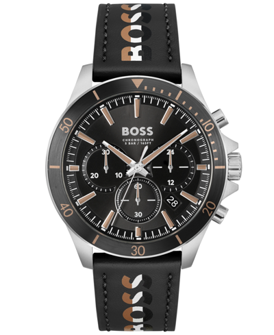 Hugo Boss Men Troper Quartz Fashion Chrono Black Leather Watch 45mm