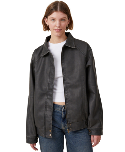 Cotton On Women's Faux Leather Bomber Jacket In Washed Black