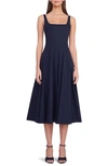 STAUD WELLS STRETCH COTTON POPLIN MIDI FIT & FLARE DRESS