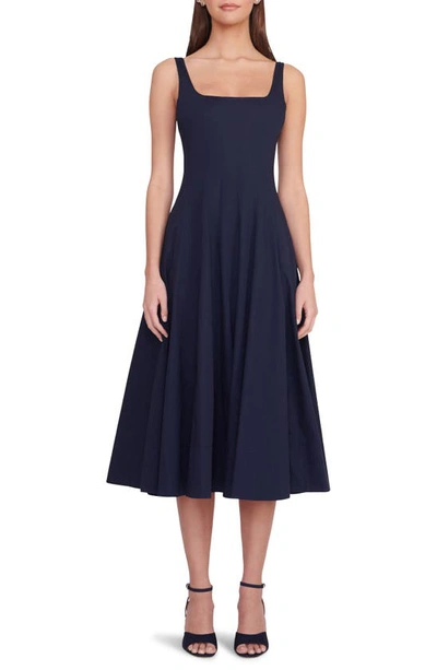 STAUD WELLS STRETCH COTTON POPLIN MIDI FIT & FLARE DRESS