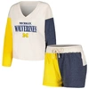 WES & WILLY WES & WILLY CREAM MICHIGAN WOLVERINES COLORBLOCK TRI-BLEND LONG SLEEVE V-NECK T-SHIRT & SHORTS SLEEP