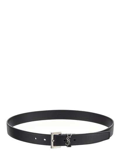 Saint Laurent Cassandre Thin Belt With Square Buckle In Lacquered Leather In Black