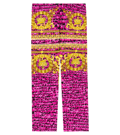 Versace Kids' Girls Pink & Gold Barocco Crocodile Leggings In Fucsia