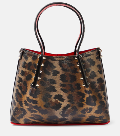 Christian Louboutin Cabarock Mini Spiked Leopard-print Textured-leather Tote In Brown