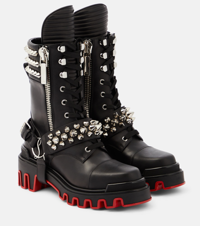 Christian Louboutin Janetta Red Sole Spike Leather Biker Boots In Black