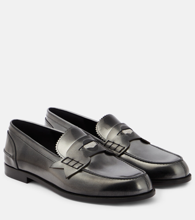 Christian Louboutin Patent Leather Penny Loafers In Silver