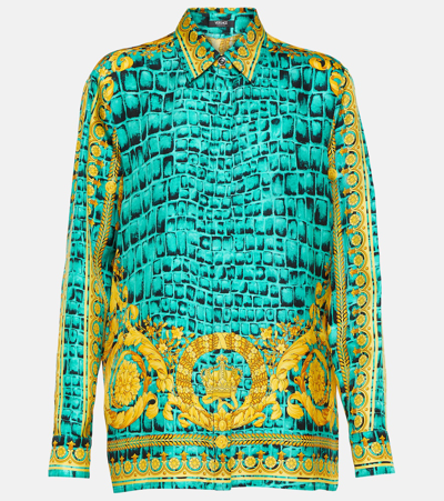 Versace Barocco-print Silk Shirt In Green