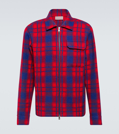 Moncler Plaid Virgin Wool Flannel Zip Overshirt In Check Blue Red