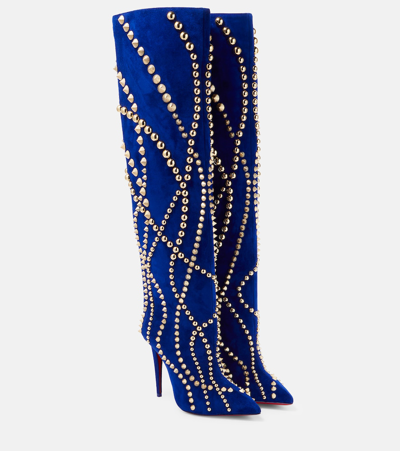 Christian Louboutin Astrilarge Botta Pika Red Sole Studded Suede Knee-high Boots In Blue