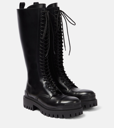 Balenciaga Strike Leather Lace-up Boots In Black