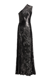 Polo Ralph Lauren Hadlea One-shoulder Plisse Metallic-silk Gown In Grey