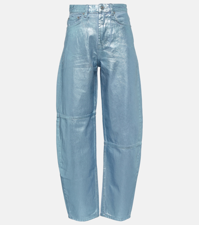 Ganni Womens Heather Mid-rise Straight-leg Organic-cotton Foiled-denim Patchwork Jeans