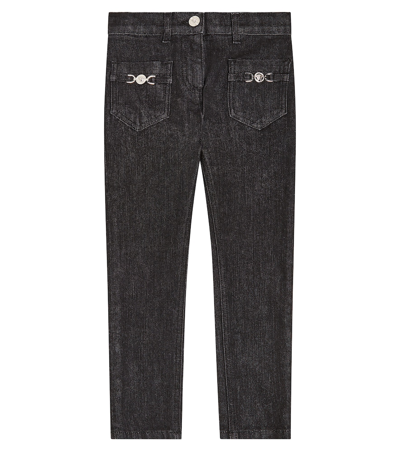 Versace Kids' La Medusa Embellished Straight Jeans In Black