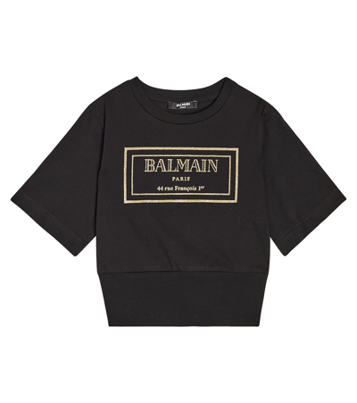 Balmain Kids' Logo印花棉短款t恤 In Black