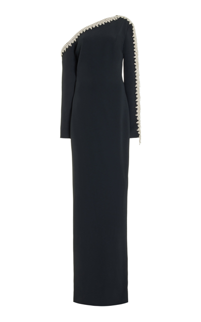 Pamella Roland Pearl Fringed Asymmetric Gown In Black,white