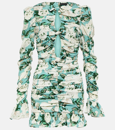 Rotate Birger Christensen Floral Ruched Minidress In Dusty Turquoise Comb