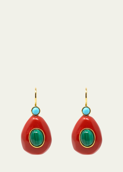 Grazia And Marica Vozza Monachina Big Drop Earrings With Red Resin, Turquoise And Malachite In Multi