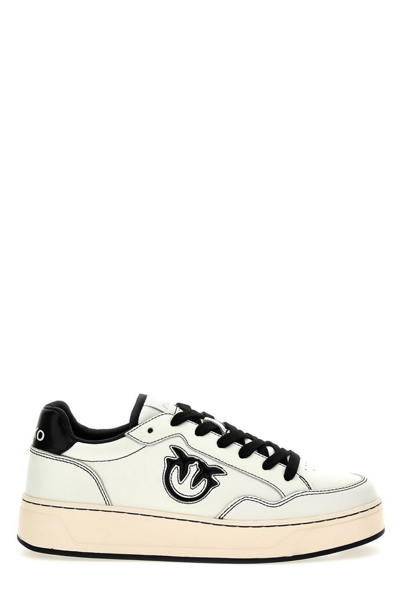 Pinko Love Birds Leather Sneakers In Off White/black