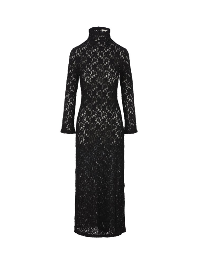 Chloé Long Sleeve Turtleneck Smocked Lace Maxi Dress In Black