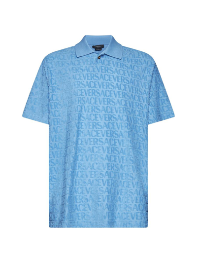 Versace Cotton Jacquard Polo Shirt In Blue