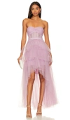 BCBGMAXAZRIA RUFFLED HIGH LOW GOWN