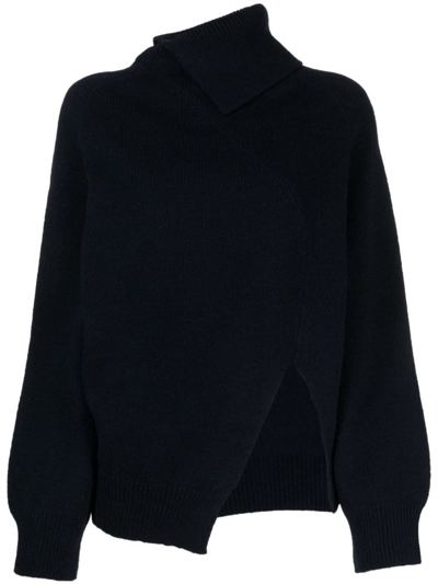 Rohe Wool Slanted Collar Sweater In Navy