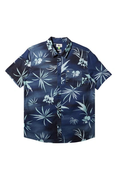 Quiksilver Fade Out Regular Fit Frond Print Short Sleeve Organic Cotton Button-up Shirt In Naval Academy Fade Out