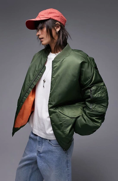 Topshop Nero Collar Nylon Bomber Jacket In Khaki-green