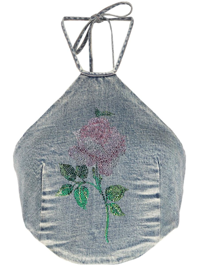 Alessandra Rich Embellished Halterneck Denim Crop Top In Blue