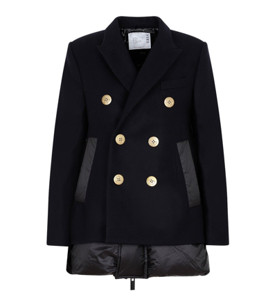 Sacai Double-breasted Layered Coat In Navy