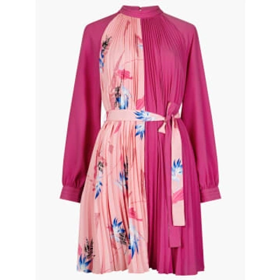 French Connection Mini Shift Pleated Dress In Pink Contrast Print