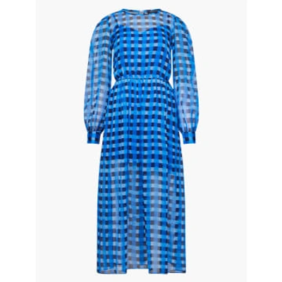 French Connection Gathered Waist Midi Smock Dress In Blue Check