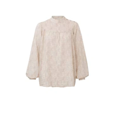 Yaya Birch Sand Blouse With High Neck And Balloon Sleeves In Neutrals