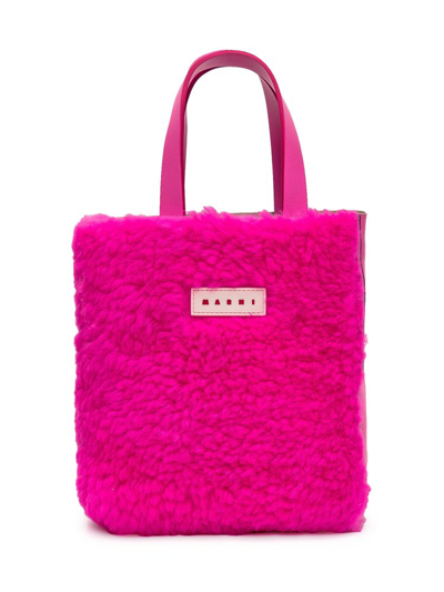 Marni Shearling Logo Patch Tote Bag In Pink