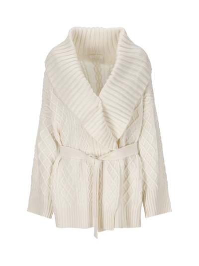 Chloé Belted Cable-knit Wool And Cashmere-blend Cardigan In White