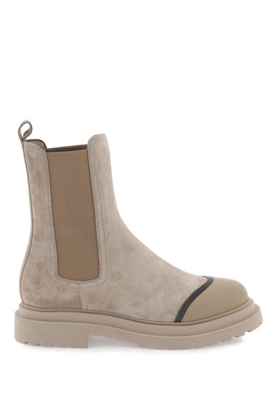 Brunello Cucinelli Chelsea Boots In Suede And Calfskin With Jewellery In Beige