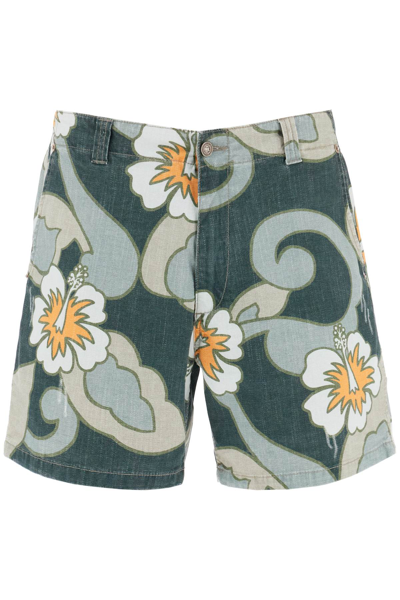 Erl Distressed-effect Hibiscus-print Bermuda Shorts In Multicolor