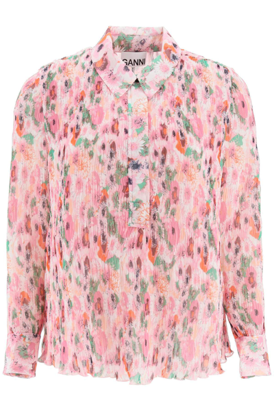 Ganni Floral Pleated Georgette Blouse In Pink