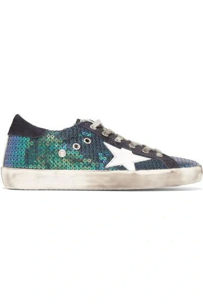 Golden Goose Super Star Distressed Sequined Canvas And Suede Sneakers In Blue