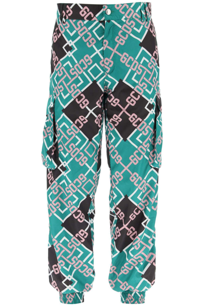 Gcds Tartan Monogram Nylon Cargo Trousers In Green