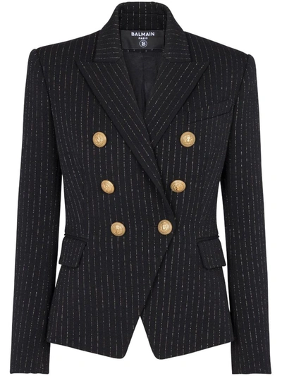 Balmain Double-breasted Wool-twill Blazer In Multicolor